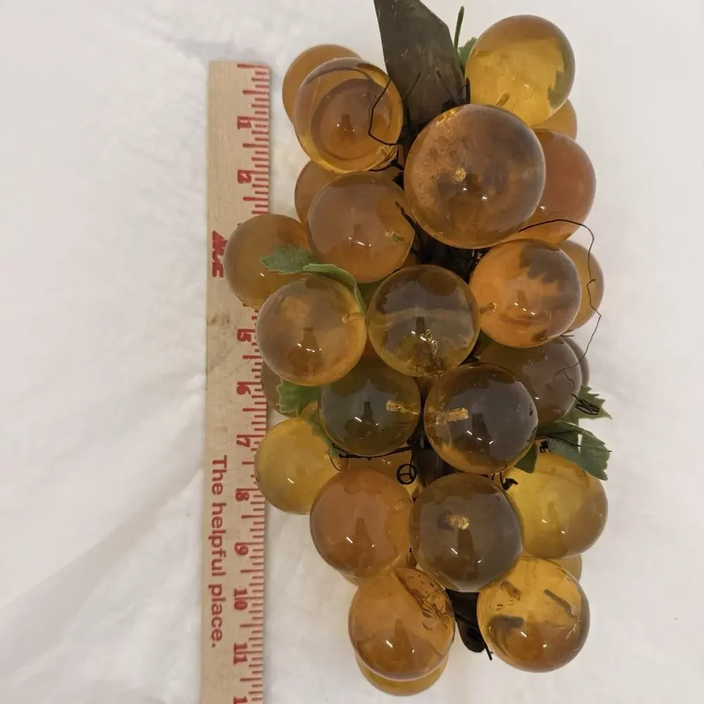 Mid century Amber Glass Grapes Cluster Decorative Fruit Sculpture Green Leaves